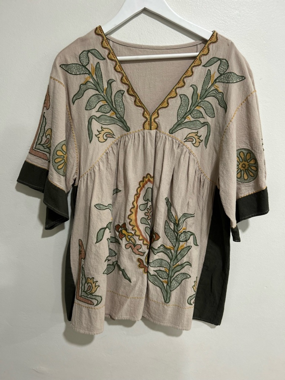 Embroidered V-Neck Boho Tunic Top in Beige and Olive